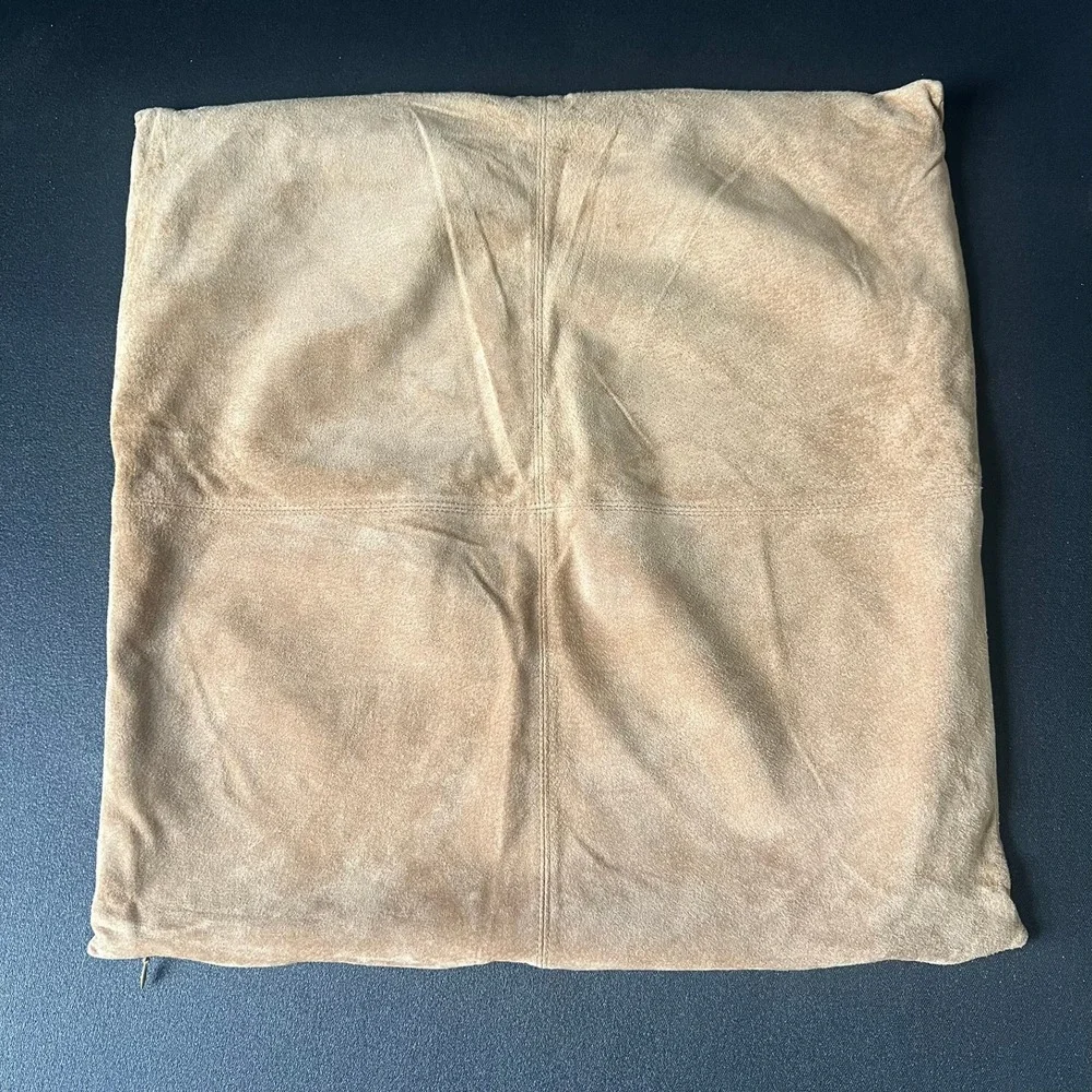 Set of 2 Tan Genuine Suede Leather Square Pillow Covers Four Panel Stitched 19in